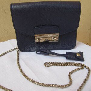 FURLA Navy Blue Saffiano Pebbled Leather Mini Julia Chain Crossbody Bag w/Key
